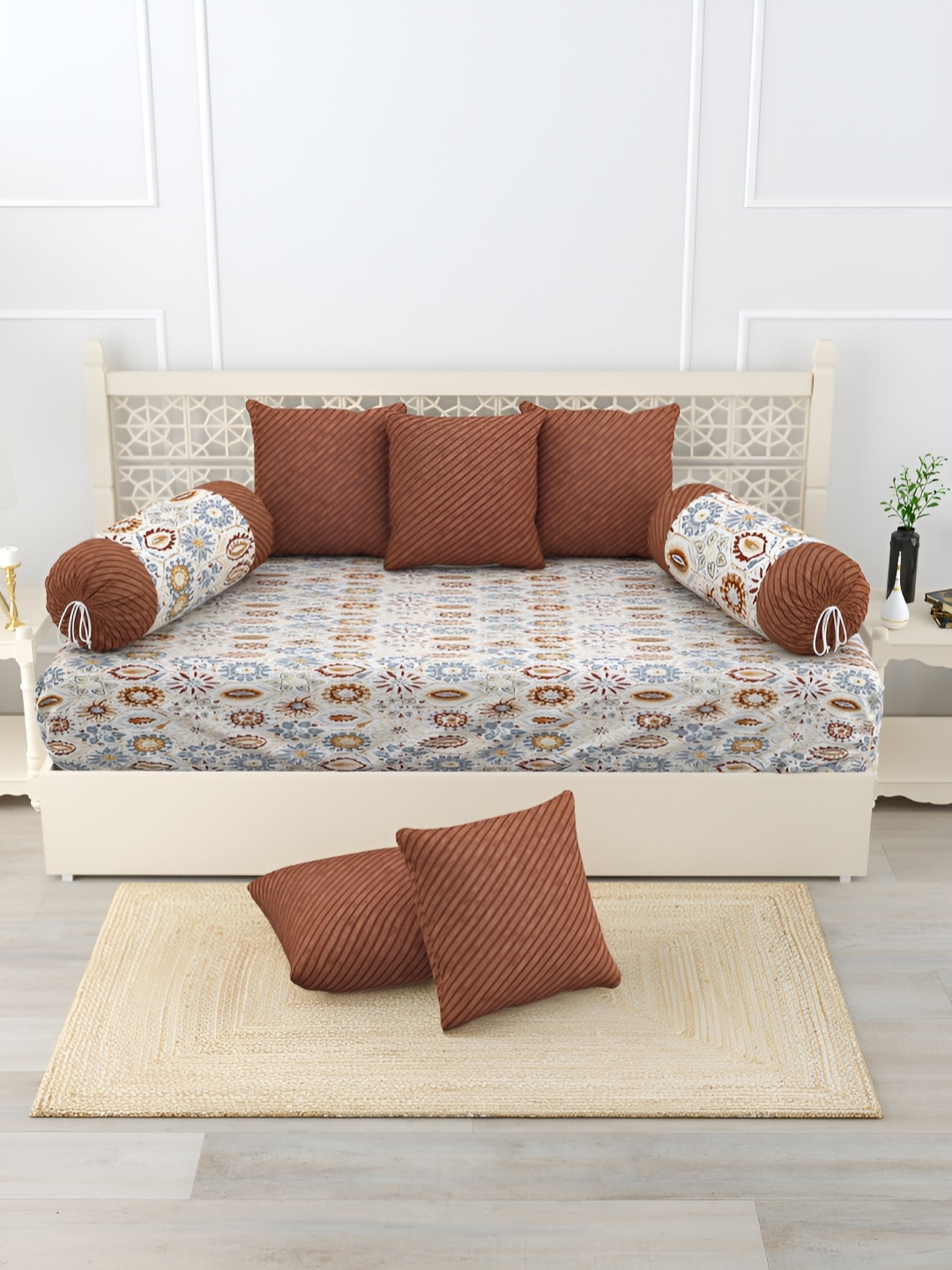 

Salona Bichona 8 Pcs Brown & Blue Prined Cotton Diwan Set