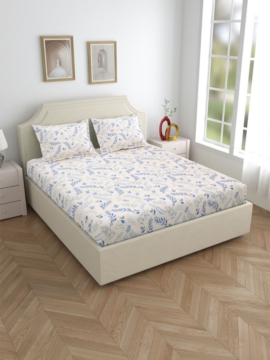 

Salona Bichona Blue & Grey Floral 120 TC Cotton Queen Bedsheet with 2 Pillow Covers