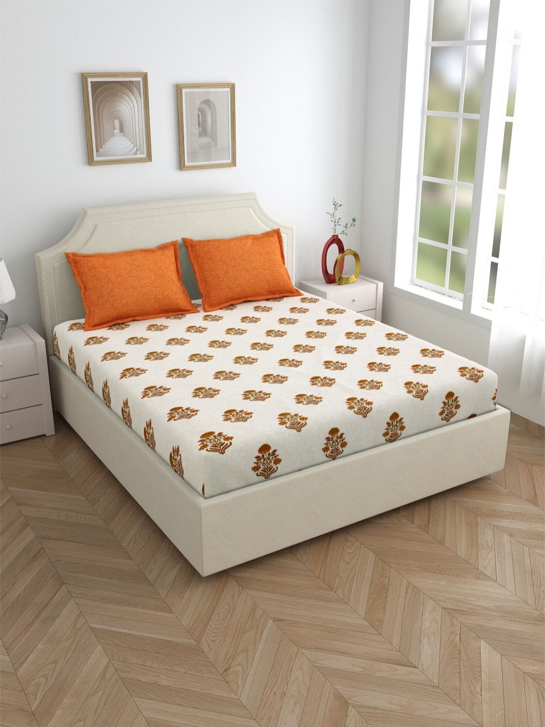 

Salona Bichona White Floral Cotton Fitted 120 TC Double King Bedsheet with 2 Pillow Covers, Brown