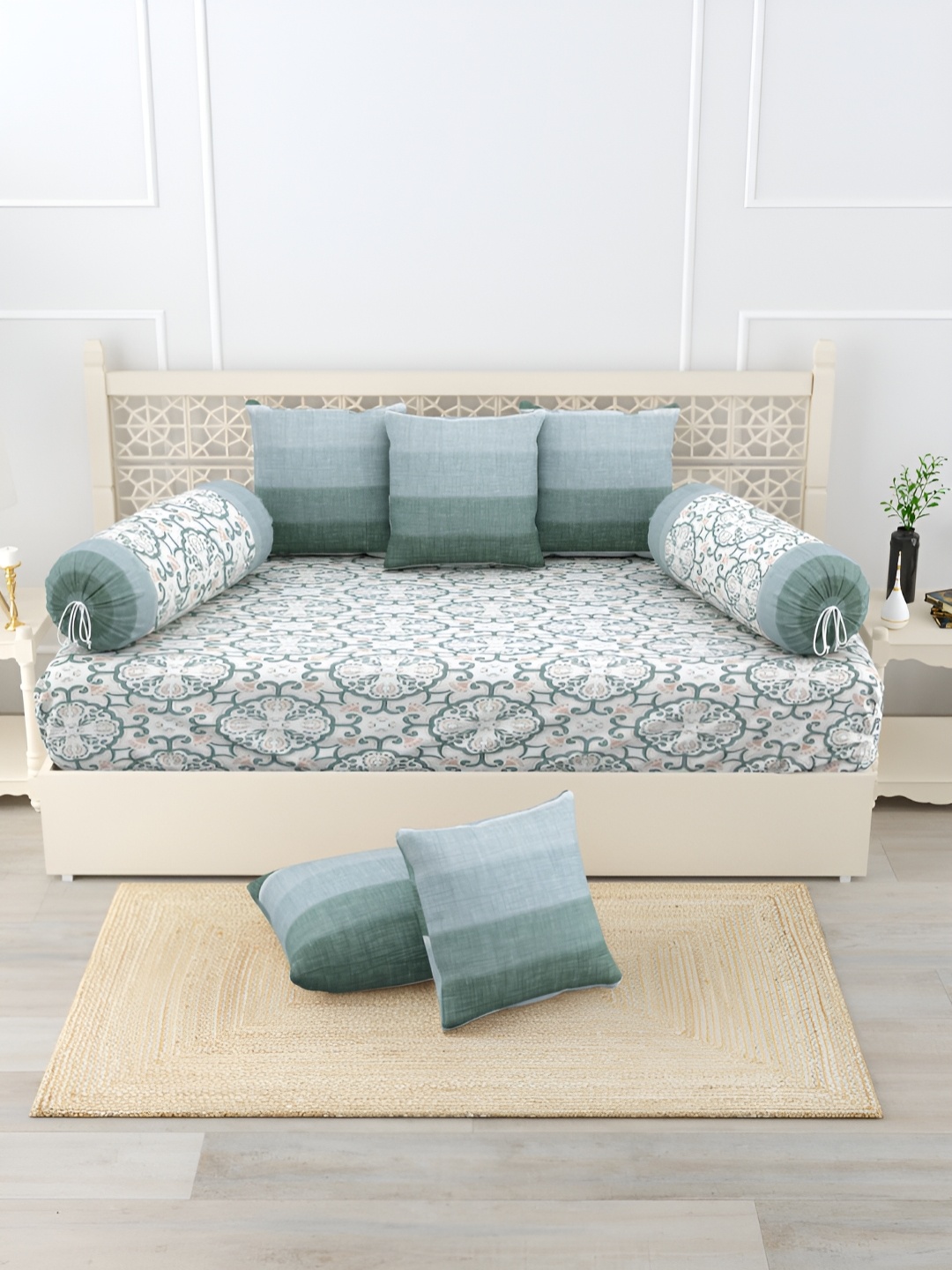 

Salona Bichona 8 Pcs Off White & Sea Green Printed Pure Cotton Diwan Set