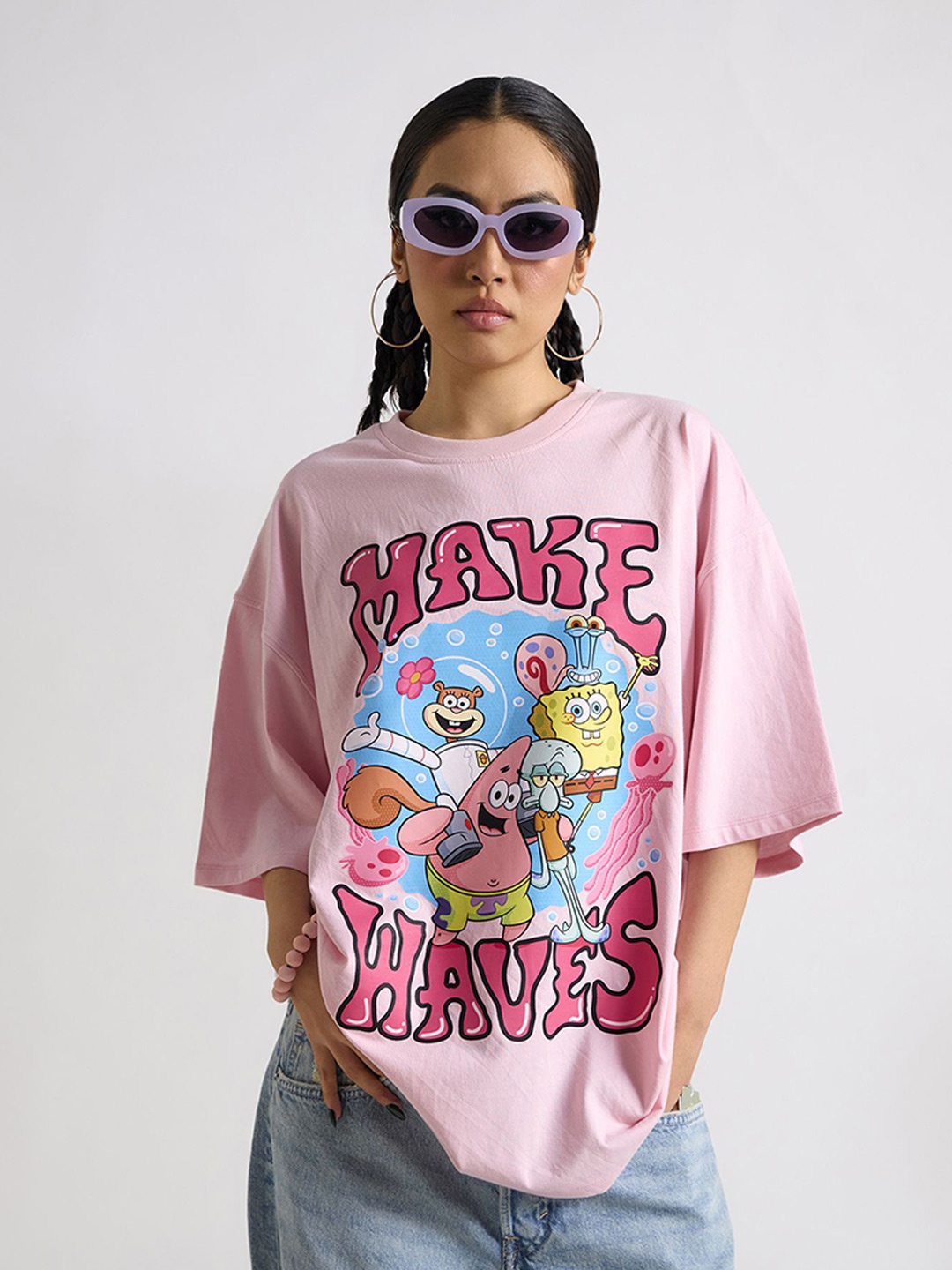 

THE CLOTHING FACTORY Women Graphic Printed Round Neck Oversized T-shirt, Pink