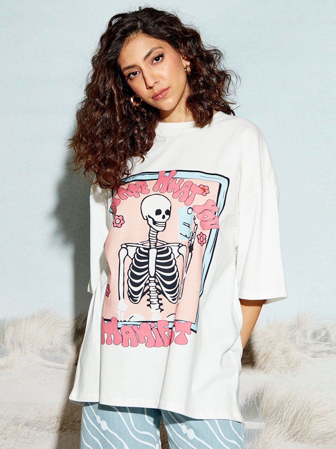 

THE CLOTHING FACTORY Women Graphic Printed Round Neck Cotton Oversized Longline T-shirt, White