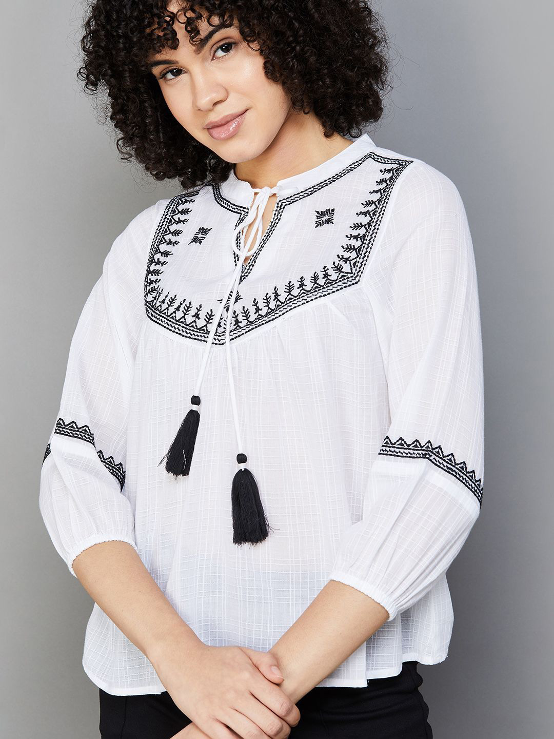 

Fame Forever by Lifestyle Tie-Up Neck Puff Sleeve Pure Cotton Top, White