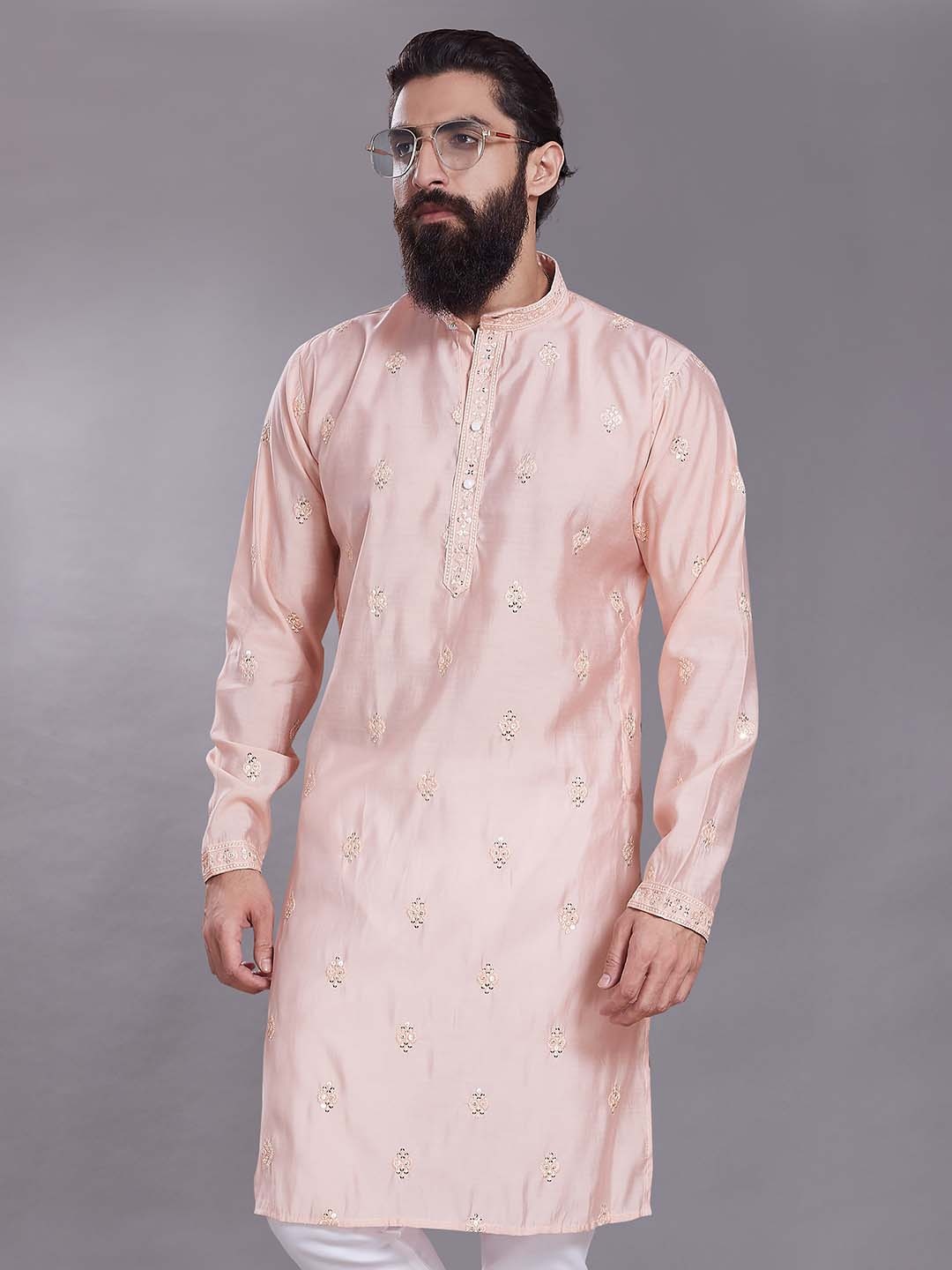 

Rani Saahiba Floral Embroidered Mandarin Collar Cotton Silk Straight Kurta, Peach