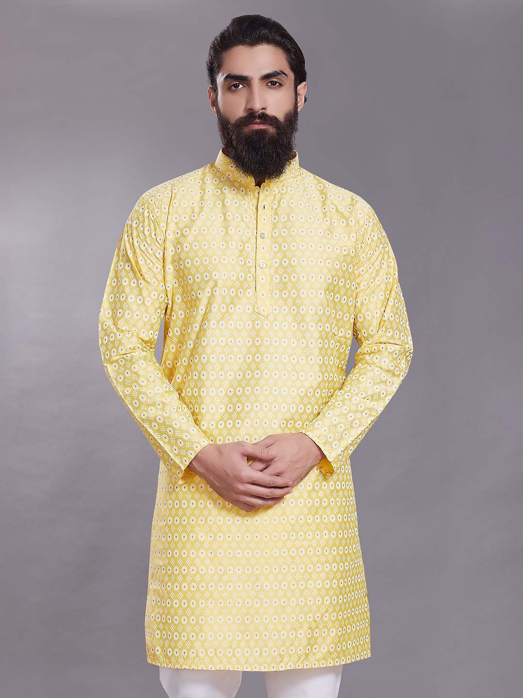 

Rani Saahiba Geometric Woven Design Mandarin Collar Thread Work Cotton Silk Straight Kurta, Yellow