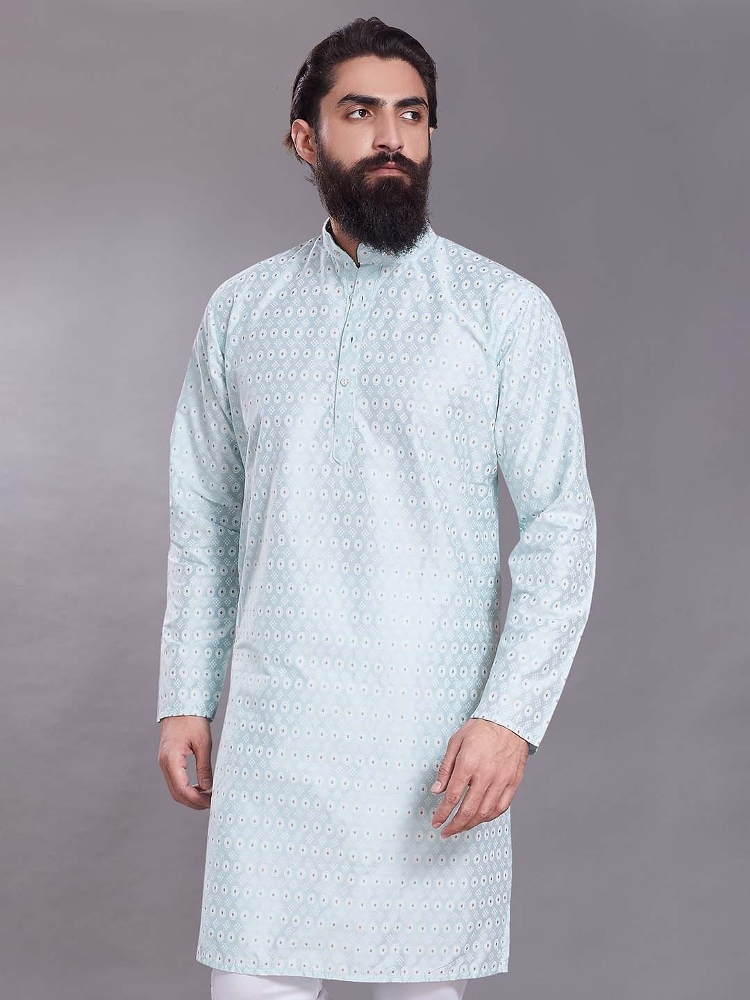 

Rani Saahiba Floral Woven Design Mandarin Collar Thread Work Cotton Silk Straight Kurta, Blue