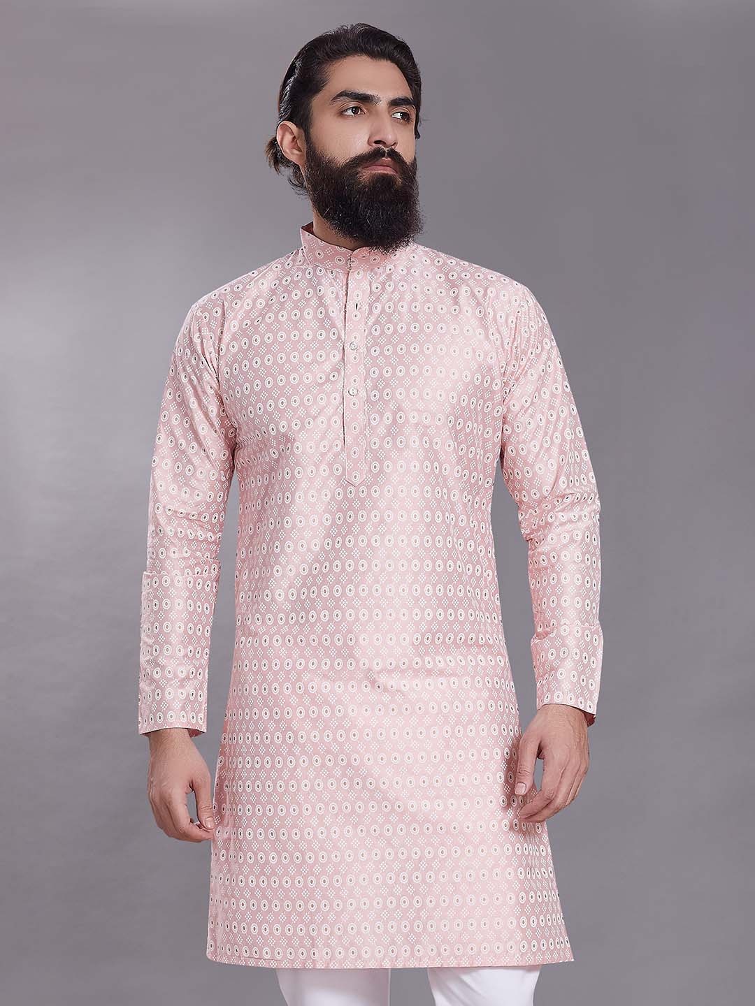 

Rani Saahiba Geometric Woven Design Mandarin Collar Cotton Silk Straight Kurta, Peach