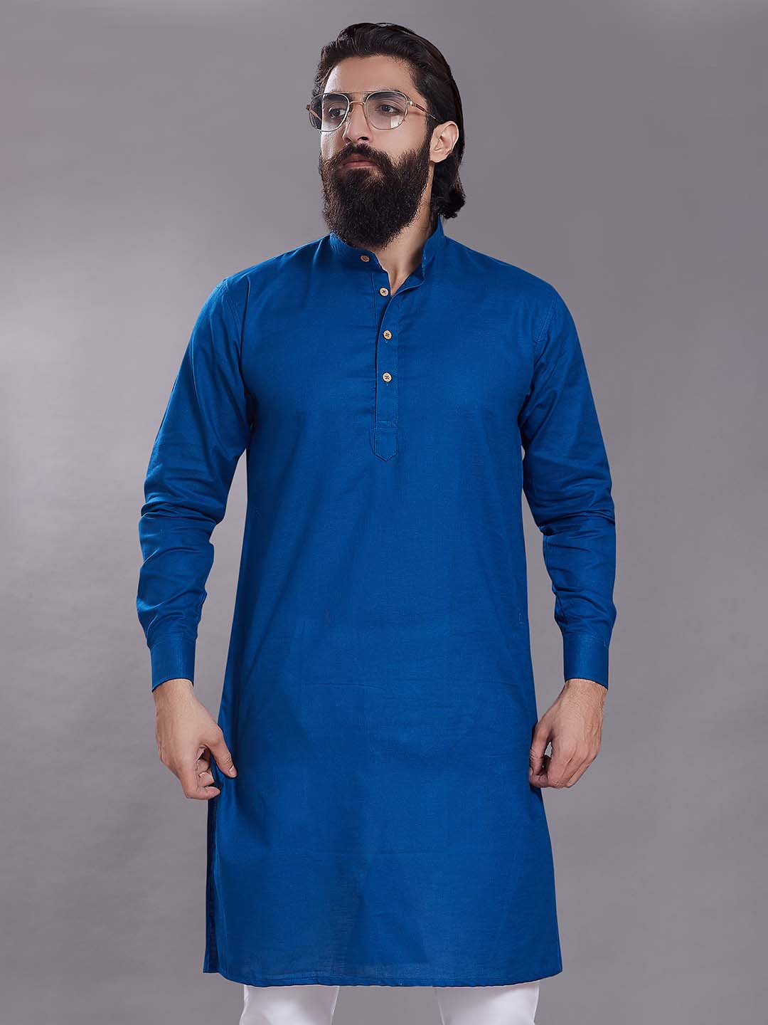 

Rani Saahiba Mandarin Collar Long Sleeves Pure Cotton Straight Kurta, Blue