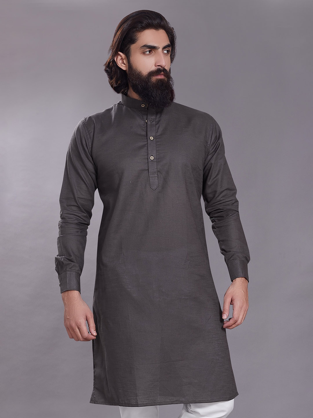 

Rani Saahiba Mandarin Collar Cotton Straight Kurta, Grey