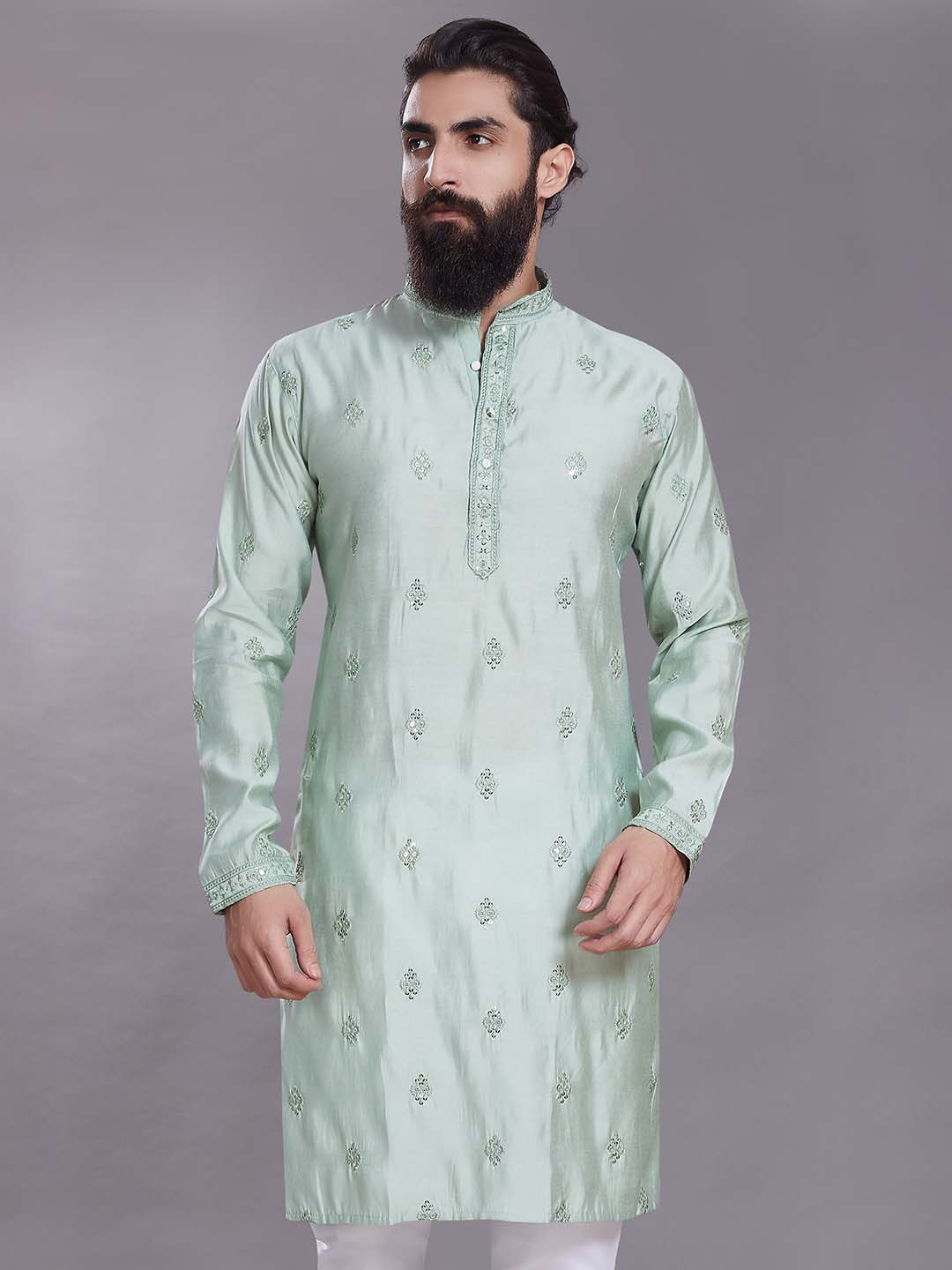

Rani Saahiba Floral Embroidered Mandarin Collar Thread Work Cotton Silk Straight Kurta, Green
