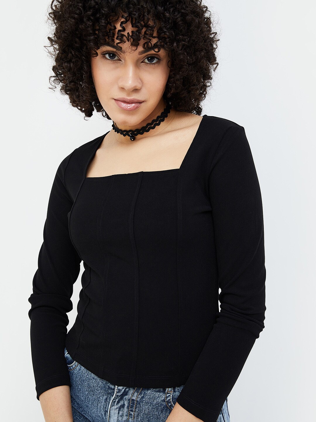 

Ginger by Lifestyle Solid Square Neck Top, Black