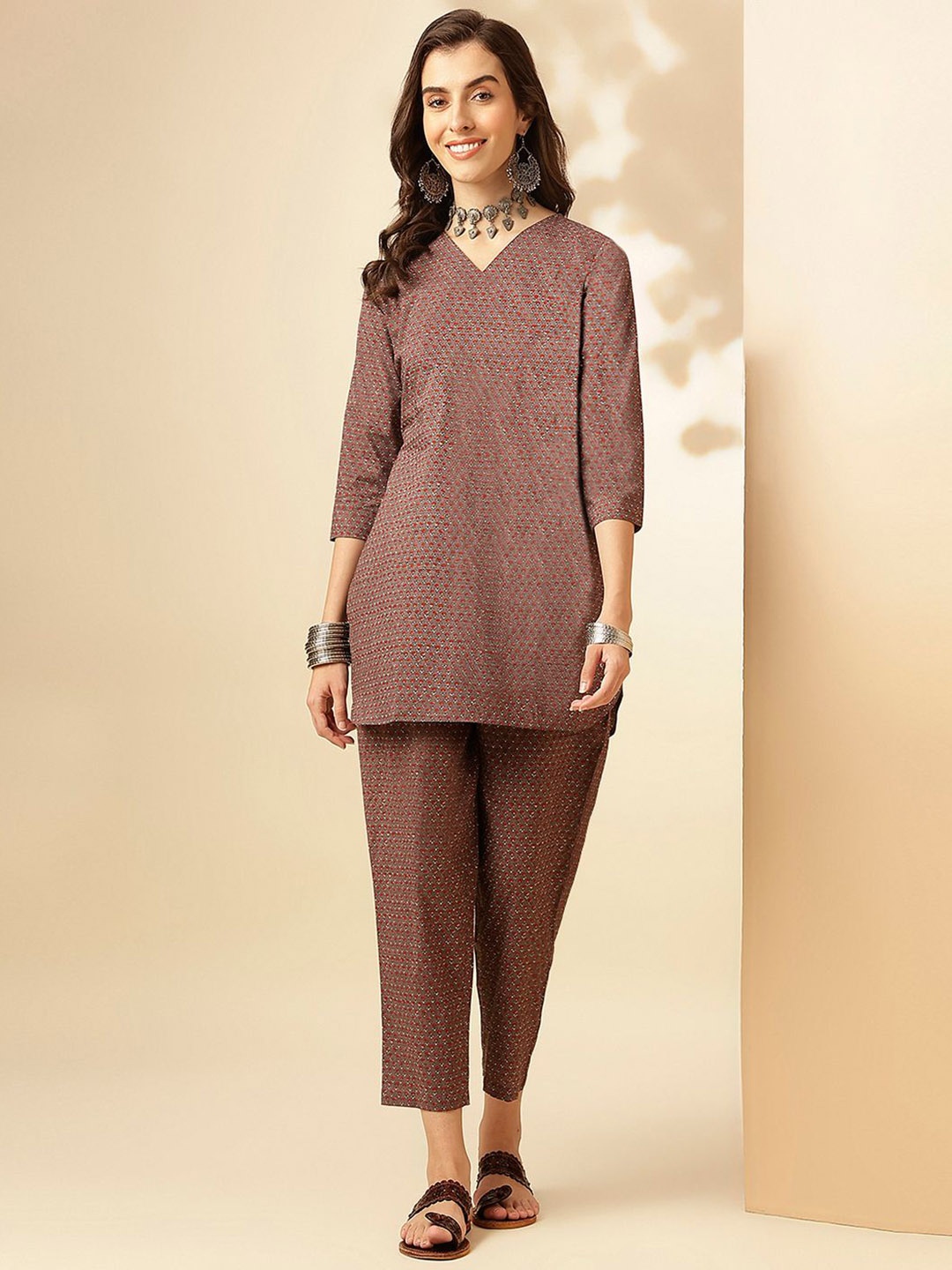 Saanjh Grey & Brown Printed V-Neck Tunic & Trouser Co-Ords