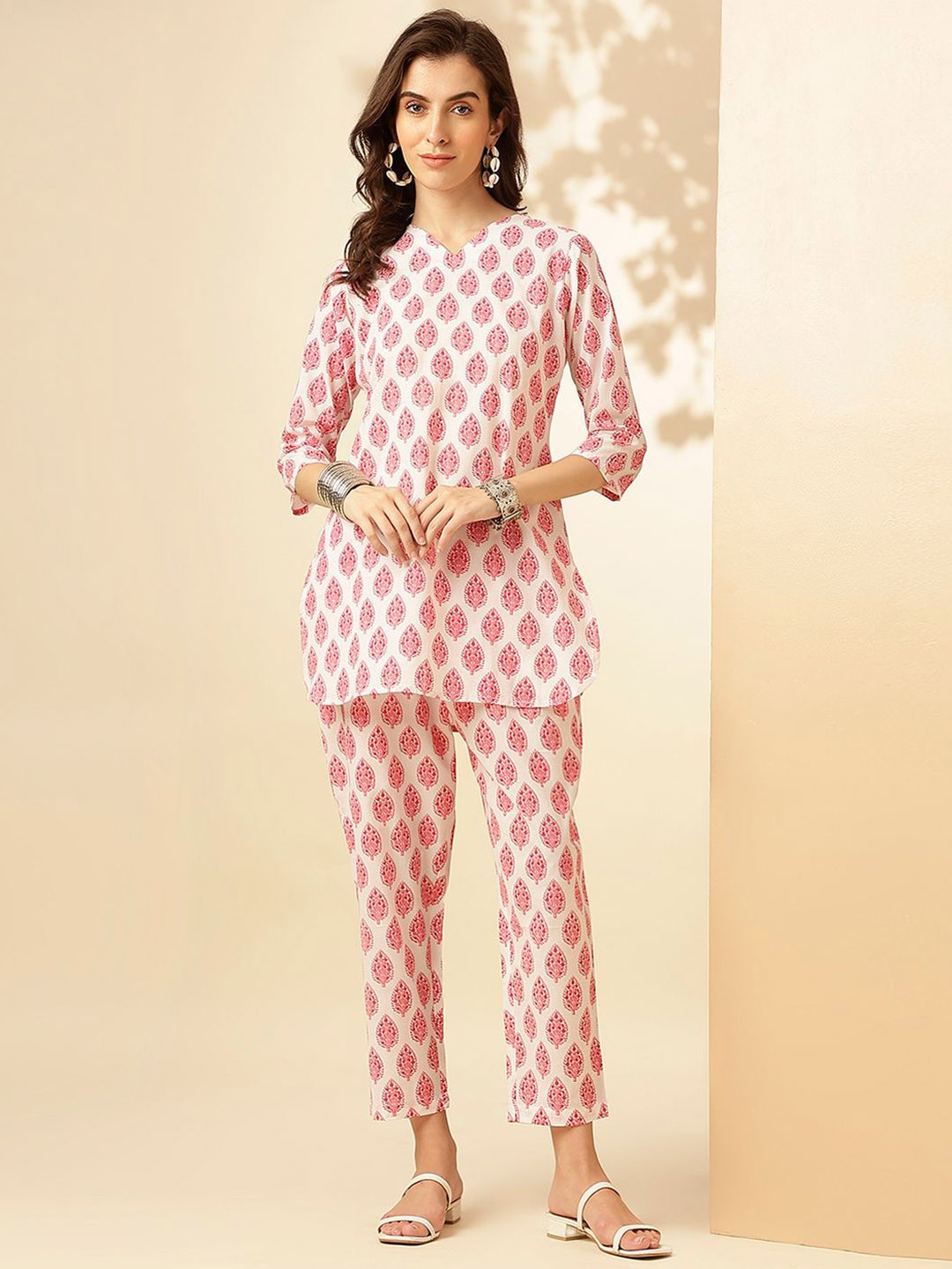 

Saanjh Cream & Red Printed V-Neck Tunic With Trouser