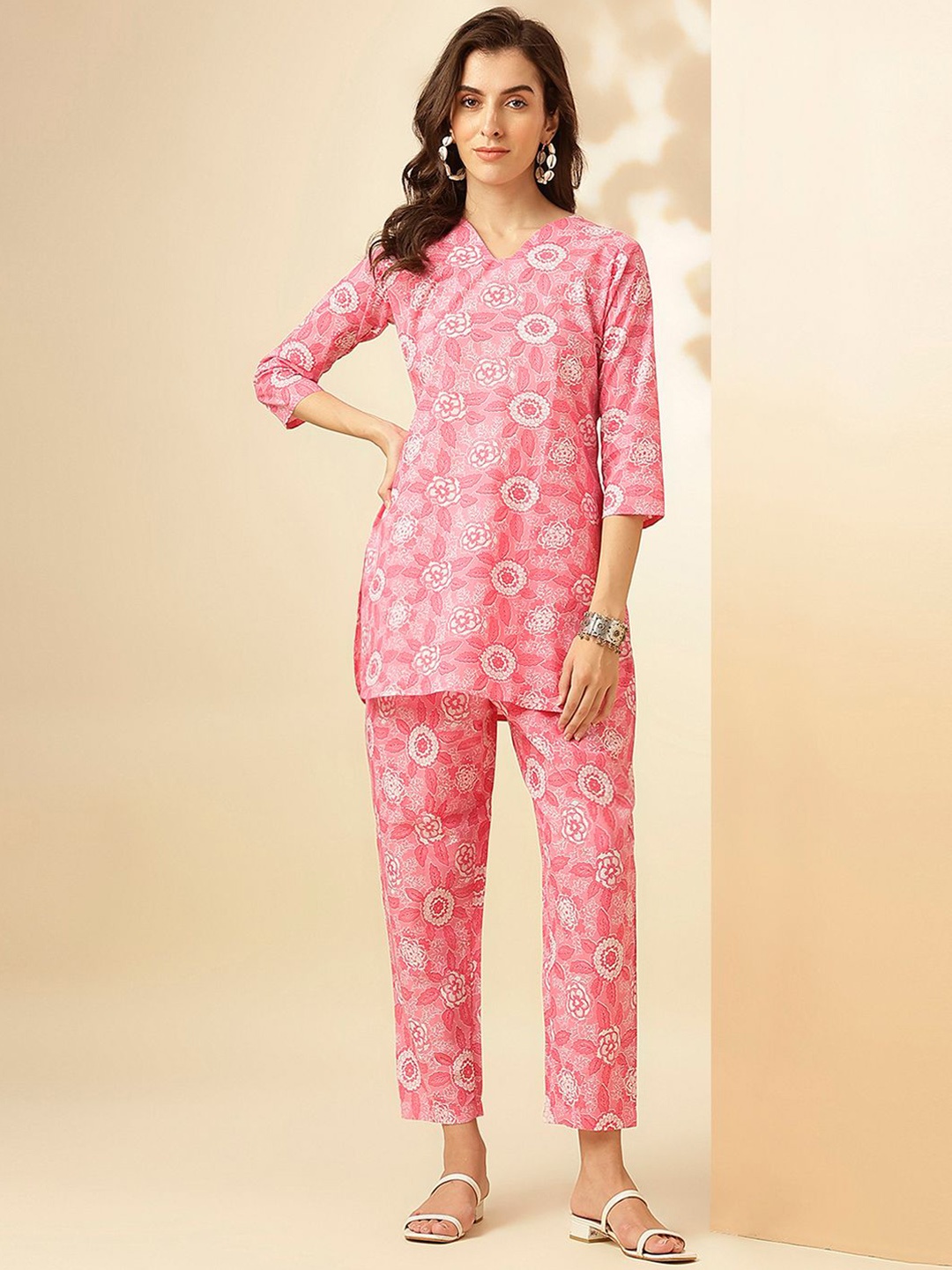 Saanjh Pink & White Printed V-Neck Tunic With Trouser