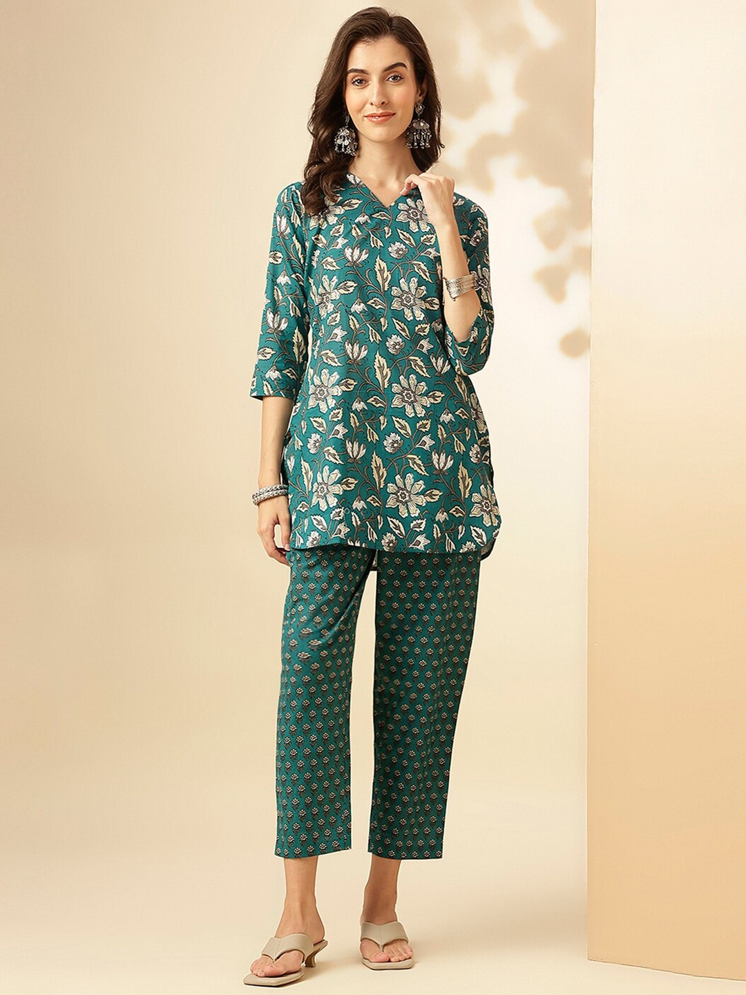 

Saanjh Teal Green & White Printed V-Neck Top With Trouser