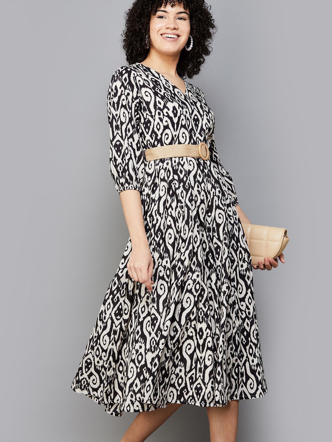 

Colour Me by Melange Print Fit & Flare Midi Dress, Black