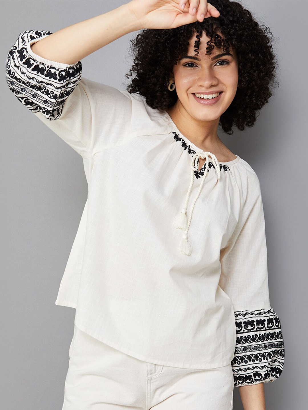 

Colour Me by Melange Embroidered Tie-Up Neck Pure Cotton Top, Beige