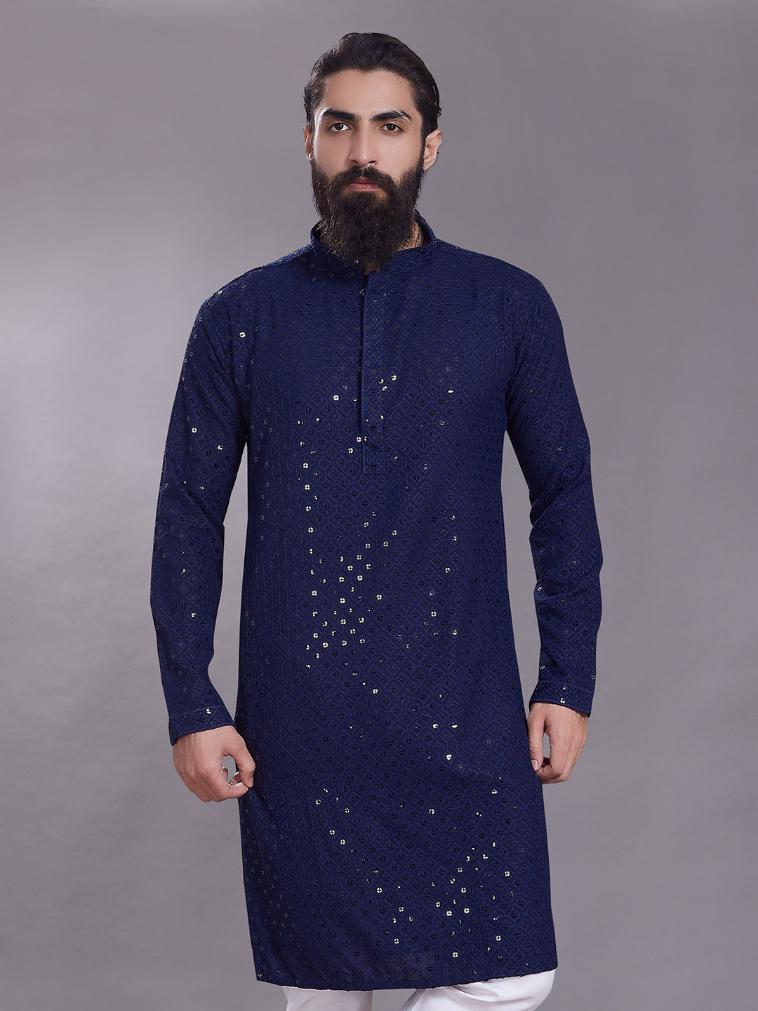 

Rani Saahiba Geometric Woven Design Mandarin Collar Sequins Straight Kurta, Navy blue