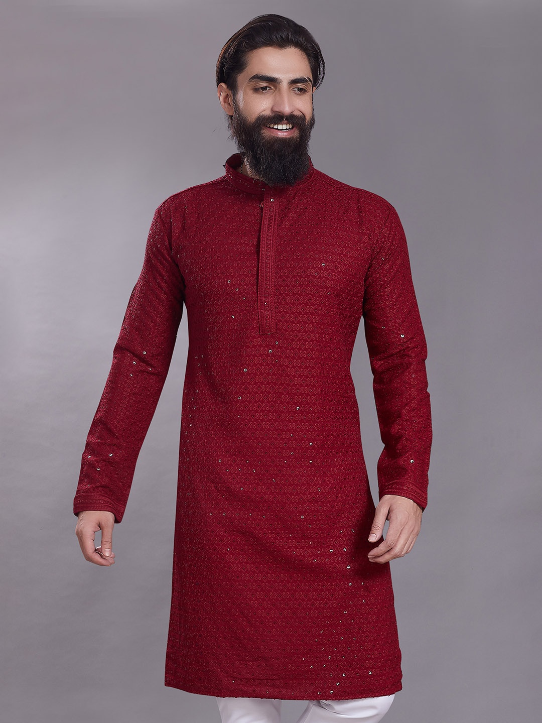 

Rani Saahiba Floral Embroidered Mandarin Collar Thread Work Straight Kurta, Maroon