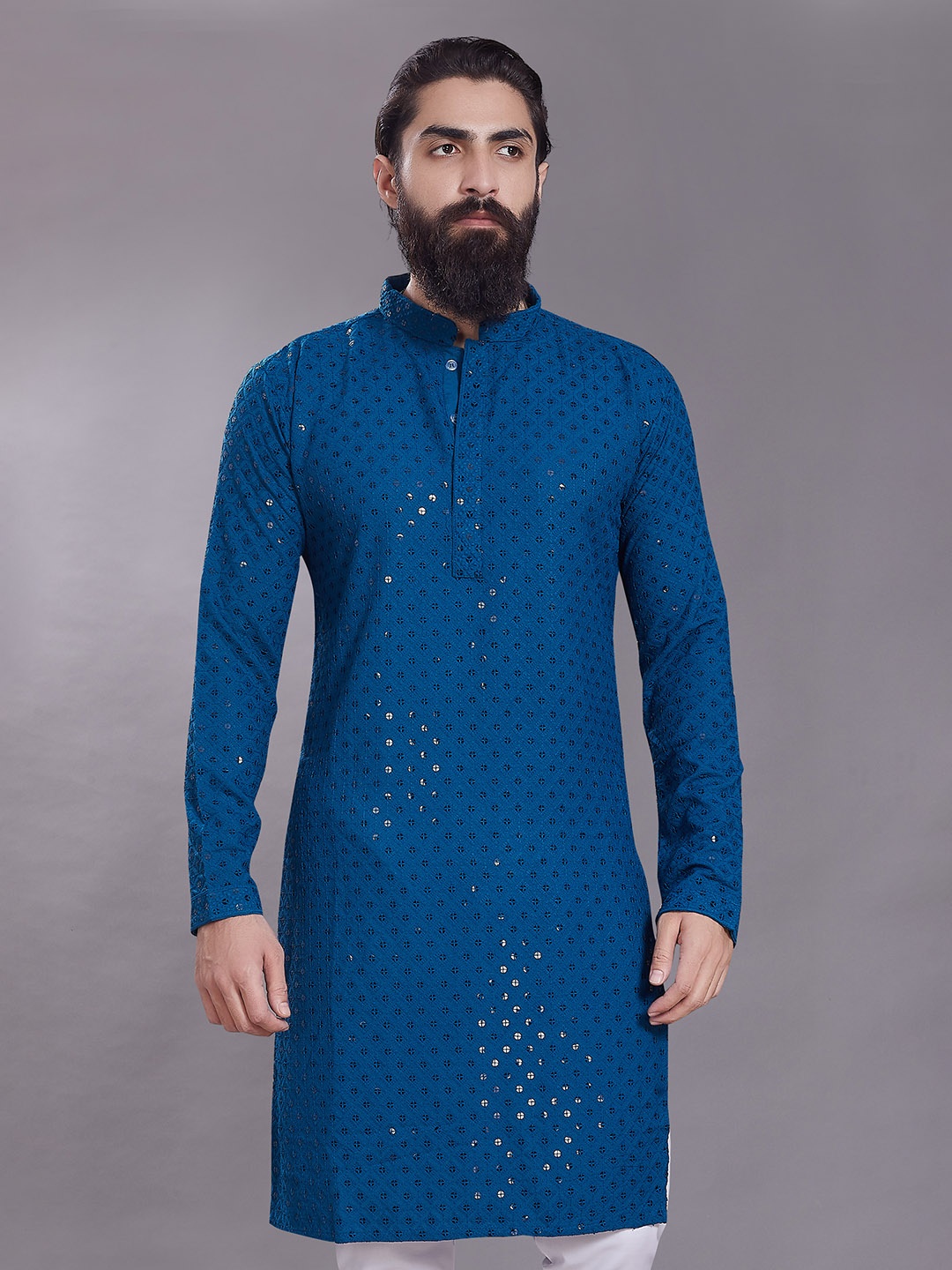 

Rani Saahiba Geometric Woven Design Mandarin Collar Sequins Straight Kurta, Blue