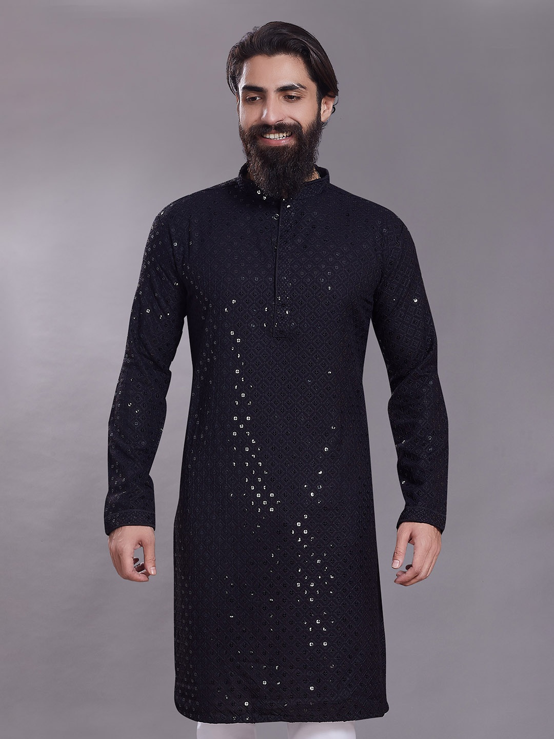 

Rani Saahiba Geometric Woven Design Mandarin Collar Sequins Straight Kurta, Black