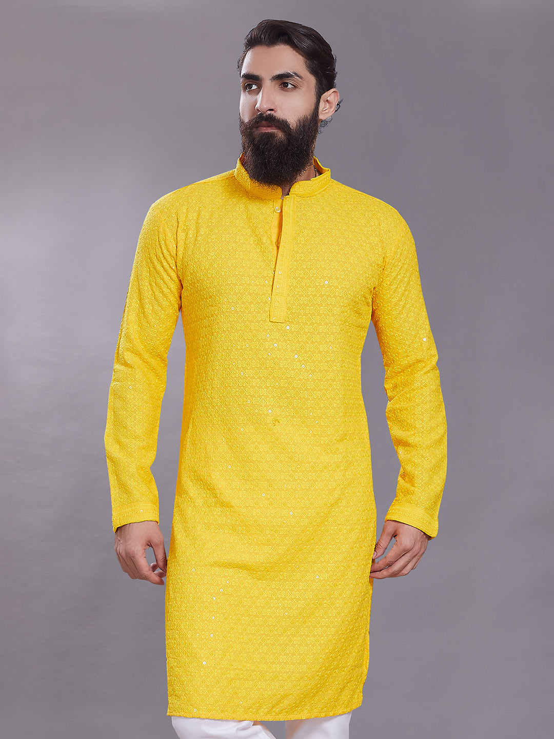 

Rani Saahiba Geometric Woven Design Mandarin Collar Thread Work Straight Kurta, Yellow
