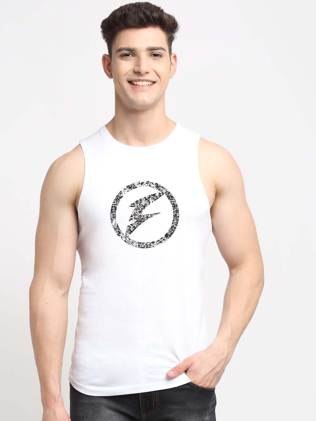 

Friskers Logo Printed Cotton Innerwear Gym Vest, White