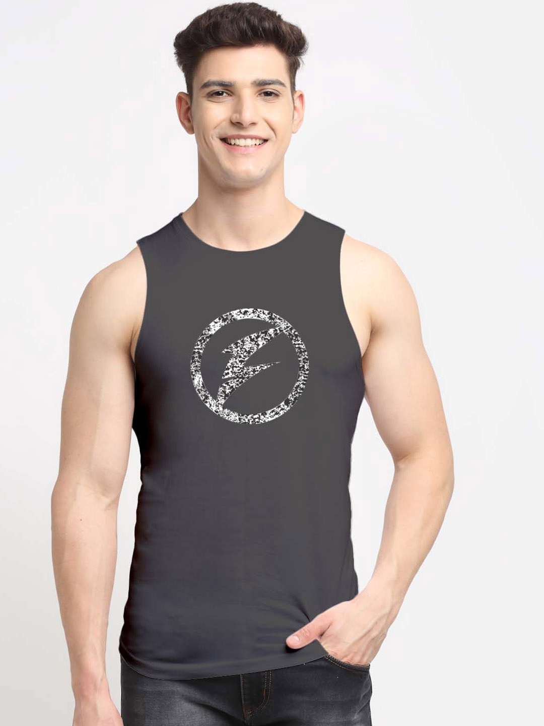 

Friskers Round Neck Sleeveless Printed Pure Cotton Innerwear Gym Vests, Grey