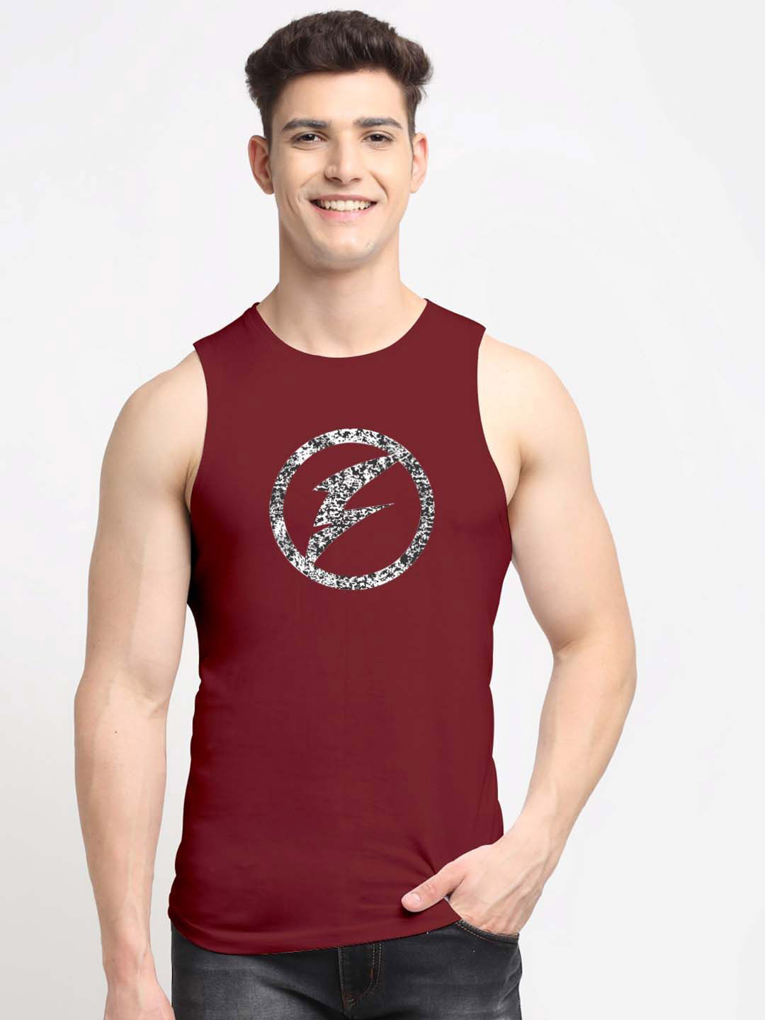 

Friskers Round Neck Sleeveless Printed Cotton Gym Innerwear Vests, Maroon