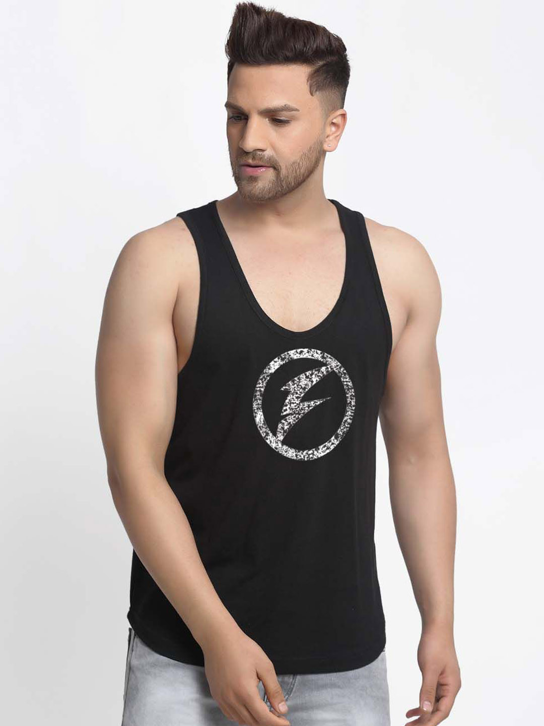 

Friskers Logo Printed Round Neck Cotton Innerwear Gym Vest, Black