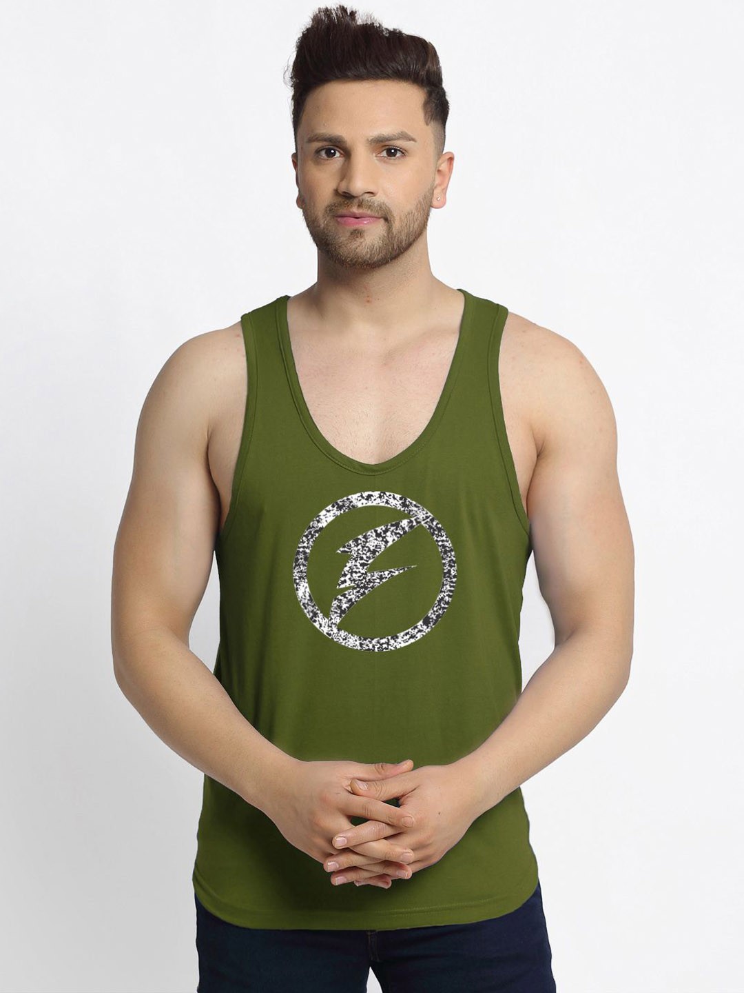 

Friskers Logo Printed Cotton Innerwear Gym Vest, Olive