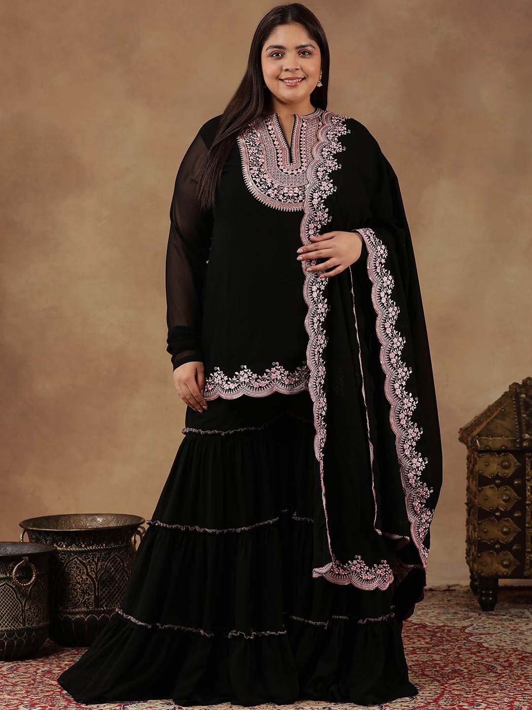 INDDUS PLUS Szie Floral Embroidered Thread Work Kurta With Sharara & Dupatta, Black