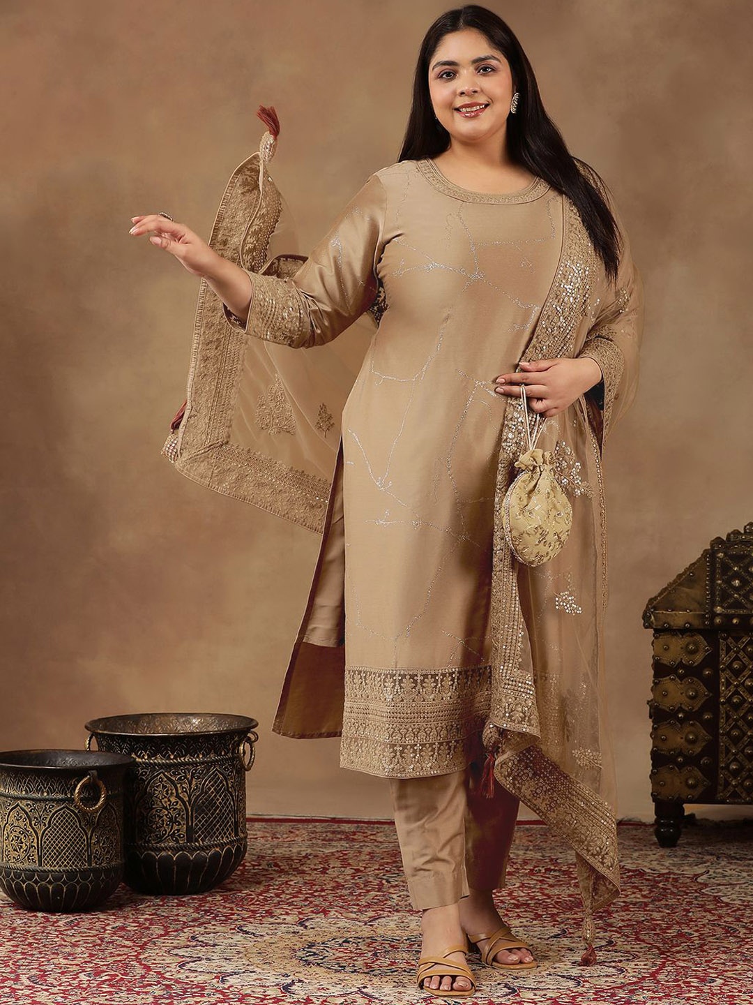 

INDDUS PLUS Size Abstract Printed & Embroidered Kurta With Trousers & Dupatta, Beige