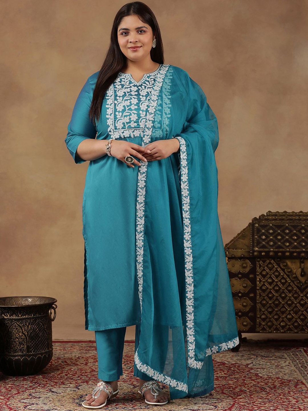 

INDDUS PLUS Size Floral Yoke Design Thread Work Straight Kurta With Trouser & Dupatta, Turquoise blue