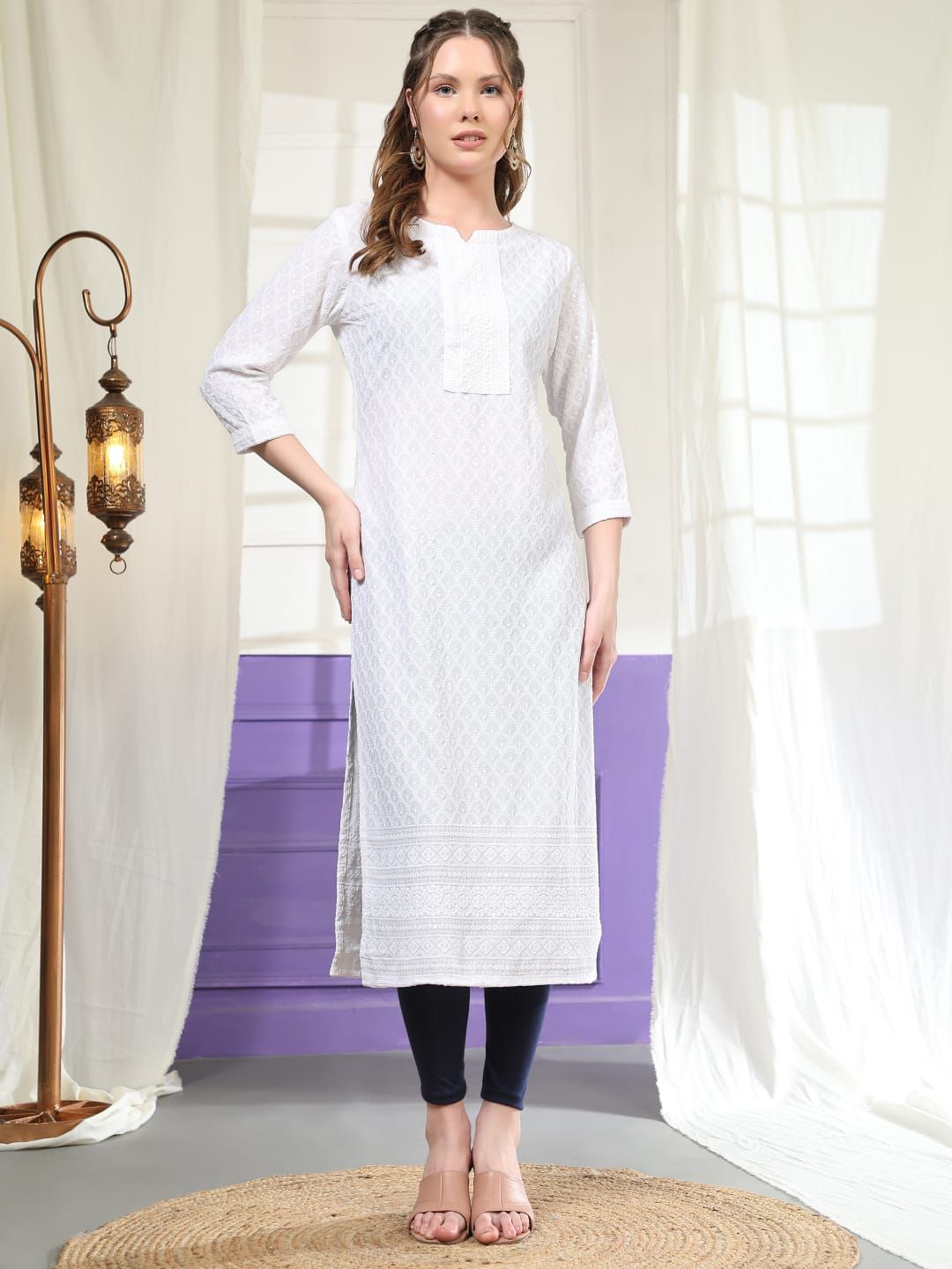 

Abhilasha Ethnic Motifs Embroidered Notch Neck Chikankari Cotton Straight Kurta, White