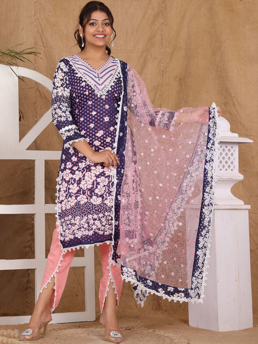 

PARTHVI Floral Embroidered Regular Mirror Work Kurta with Dhoti Pants & Dupatta, Blue