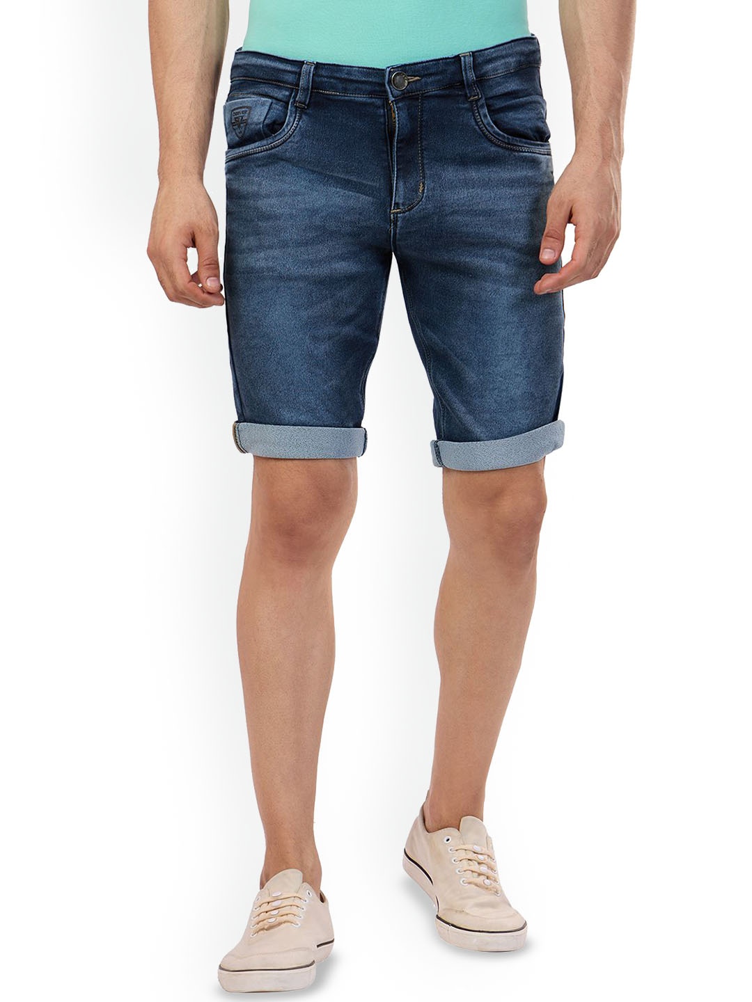 

beevee Men Mid Rise Washed Denim Shorts, Blue