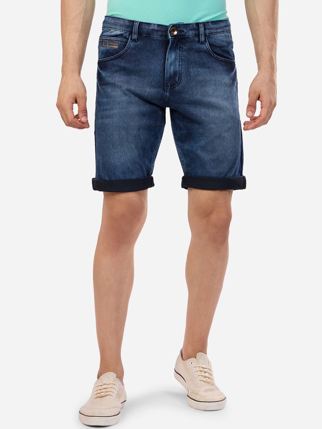 

beevee Men Mid Rise Washed Denim Shorts, Blue