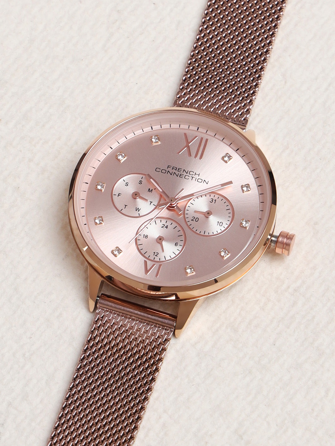 

French Connection Women Embellished Dial & Stainless Steel Straps Analogue Watch FCN068RGM, Rose gold