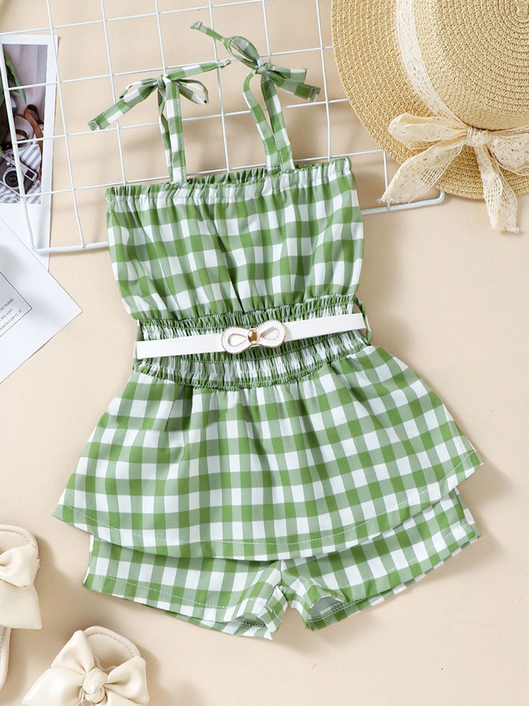 

INCLUD Girls Checked Shoulder Straps Basic Jumpsuit, Green
