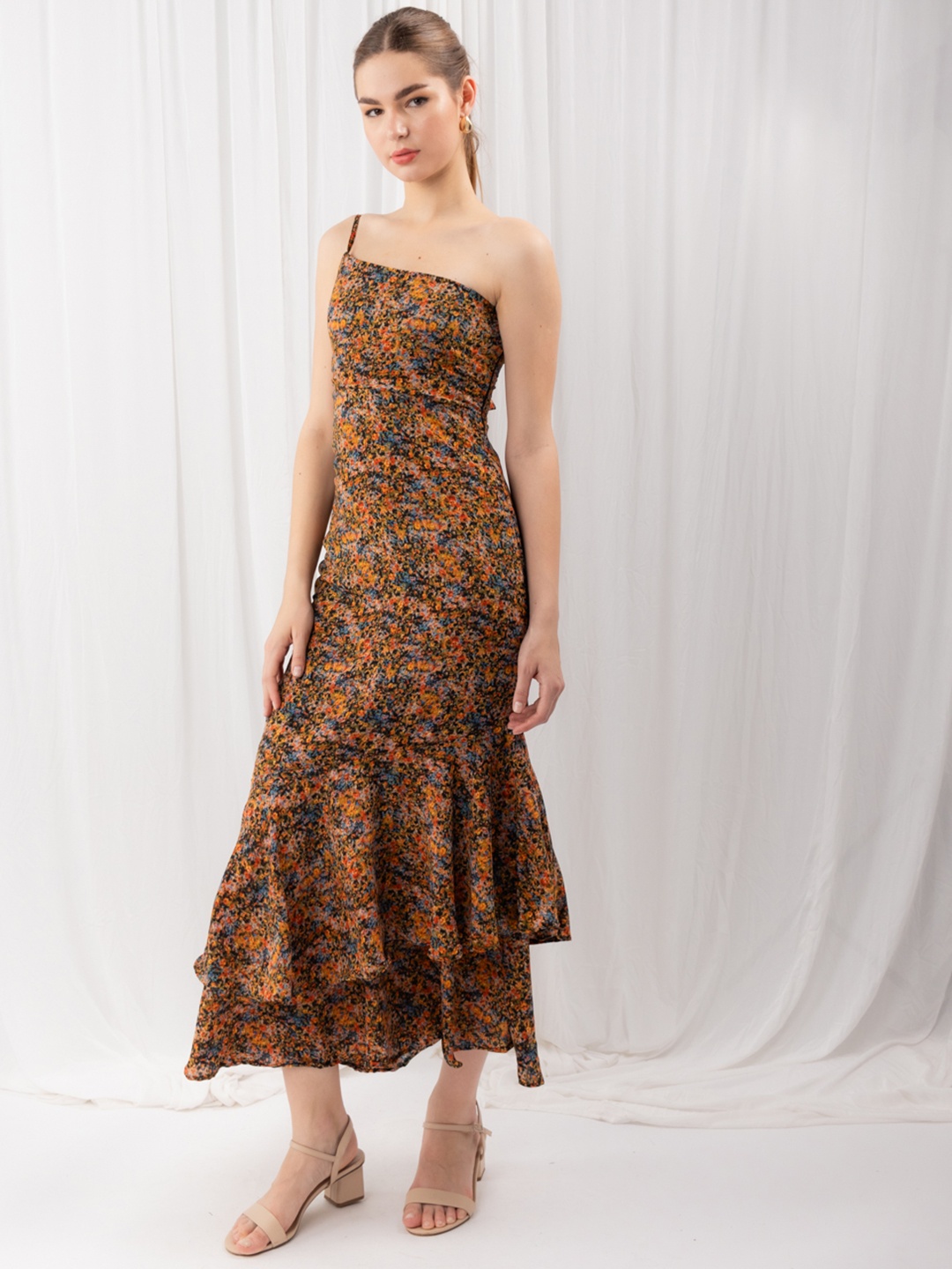 

Stylecast X Hersheinbox Printed Ruffled Georgette Sheath Midi Dress, Brown