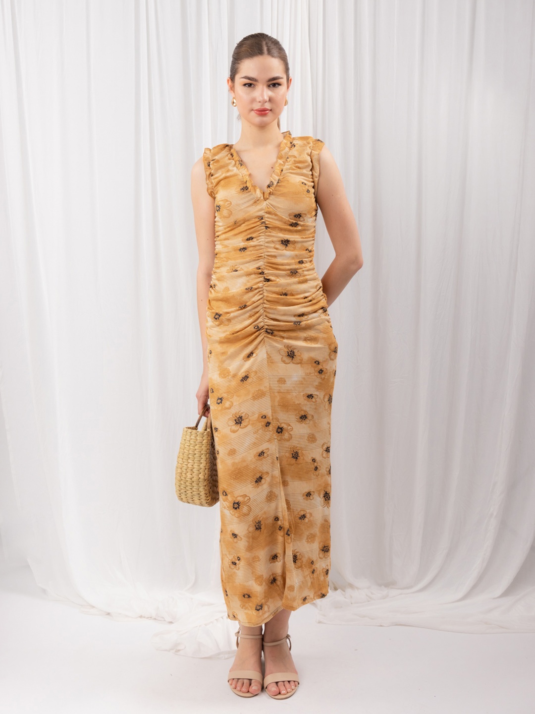 

Stylecast X Hersheinbox Floral Print Ruched Sheath Midi Dress, Mustard