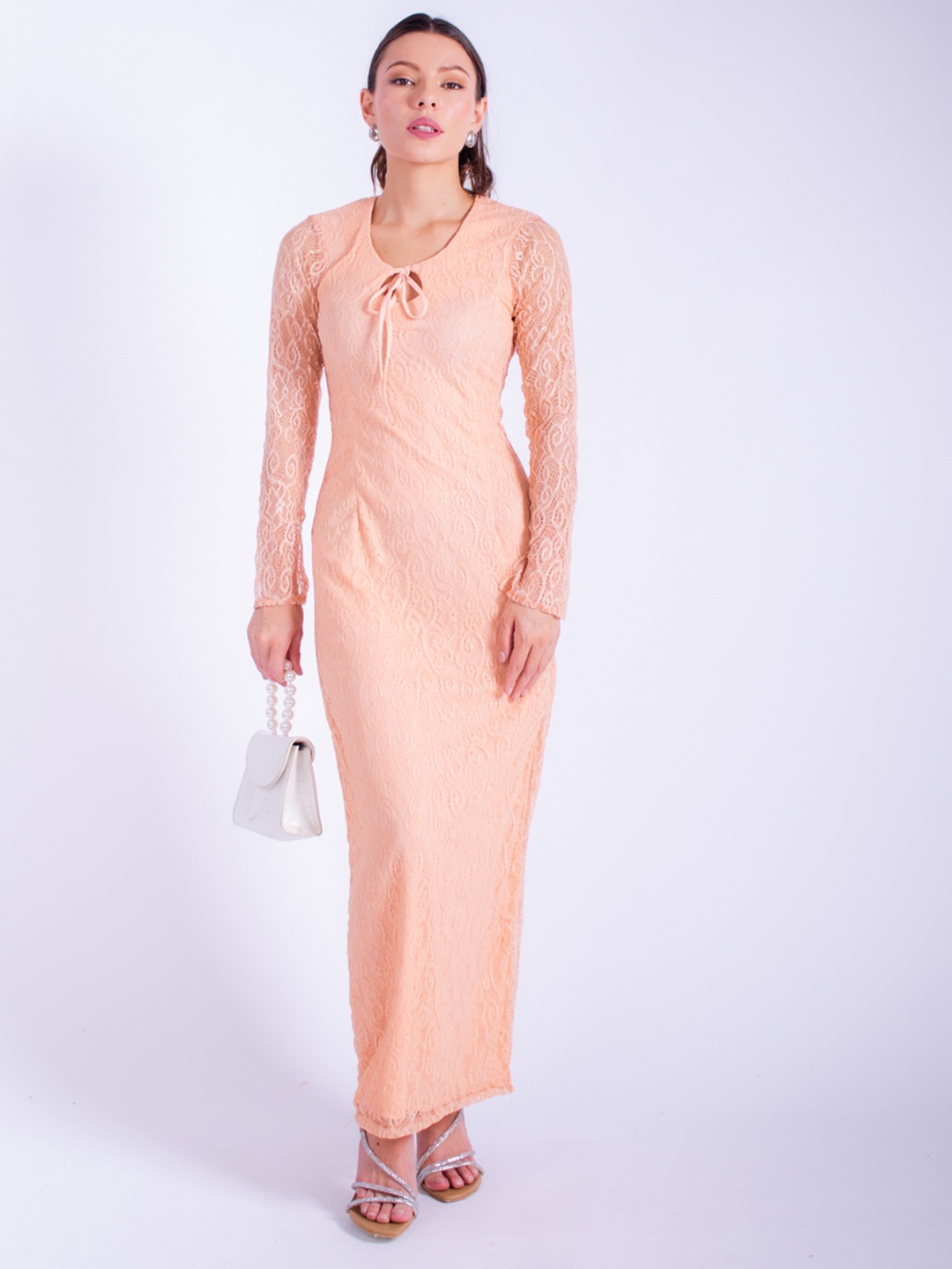 

Stylecast X Hersheinbox Tie-Up Neck Lace Maxi Dress, Peach