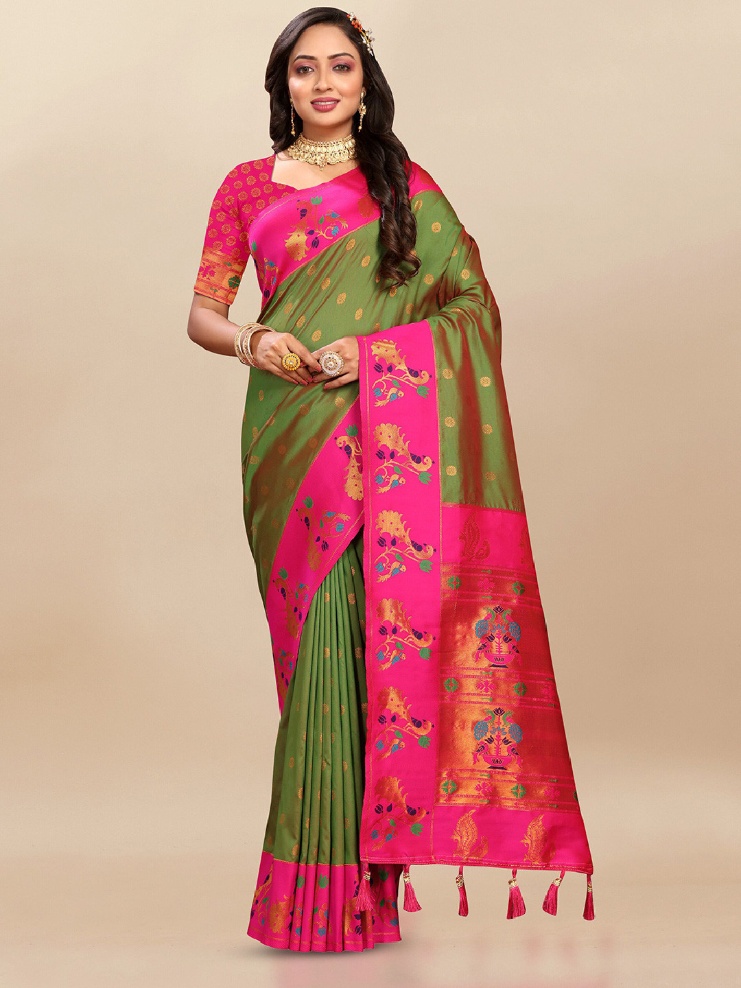 

VEECHIS Ethnic Motifs Woven Design Zari Pure Silk Paithani Saree, Green