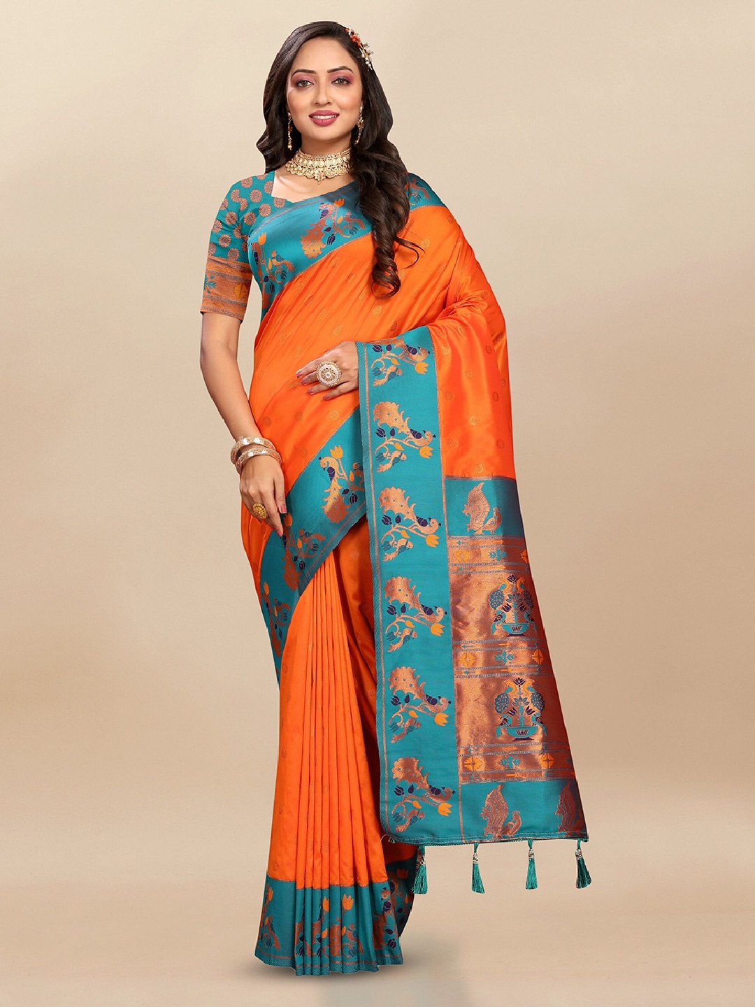 

VEECHIS Woven Design Zari Pure Silk Paithani Saree, Orange