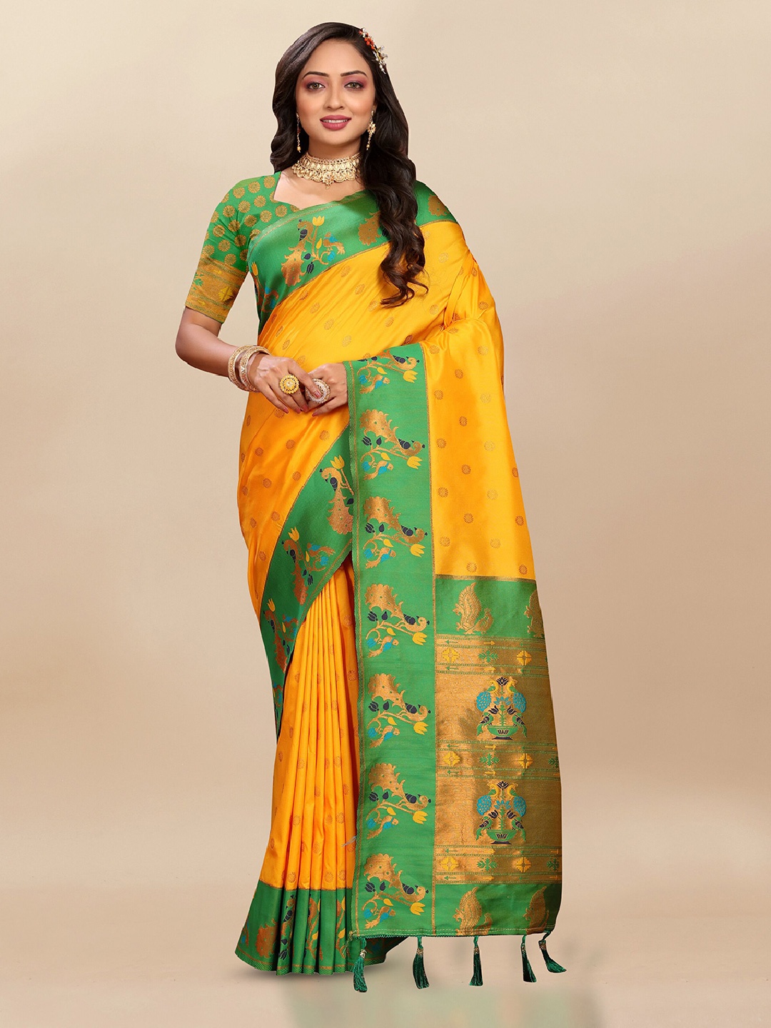 

VEECHIS Woven Design Zari Pure Silk Paithani Saree, Yellow