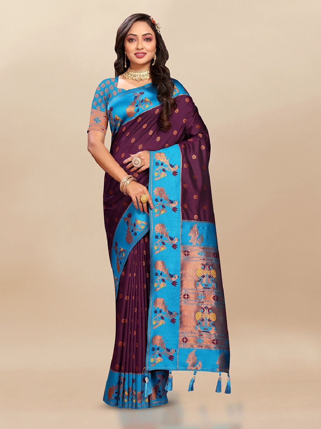 

VEECHIS Woven Design Zari Pure Silk Paithani Saree, Maroon