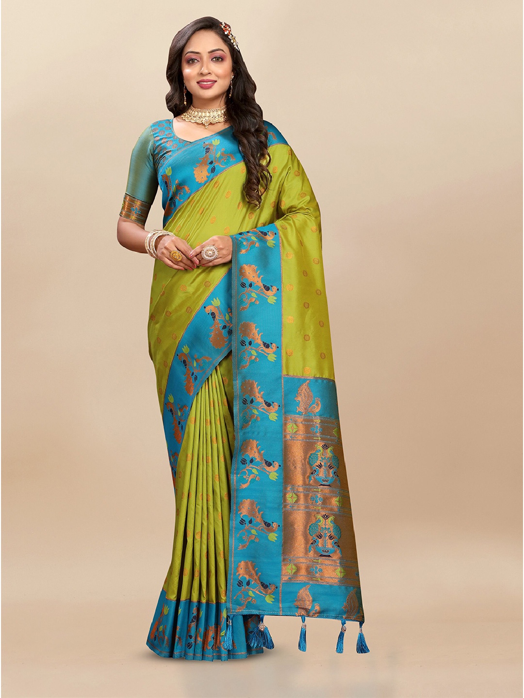 

VEECHIS Ethnic Motifs Woven Design Zari Pure Silk Paithani Saree, Sea green