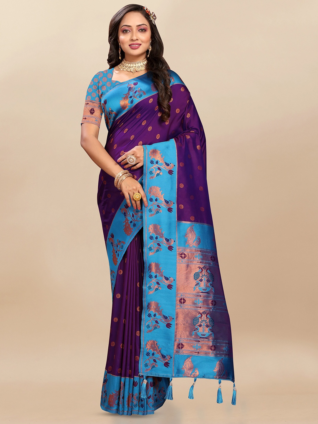 

VEECHIS Woven Design Zari Pure Silk Paithani Saree, Purple