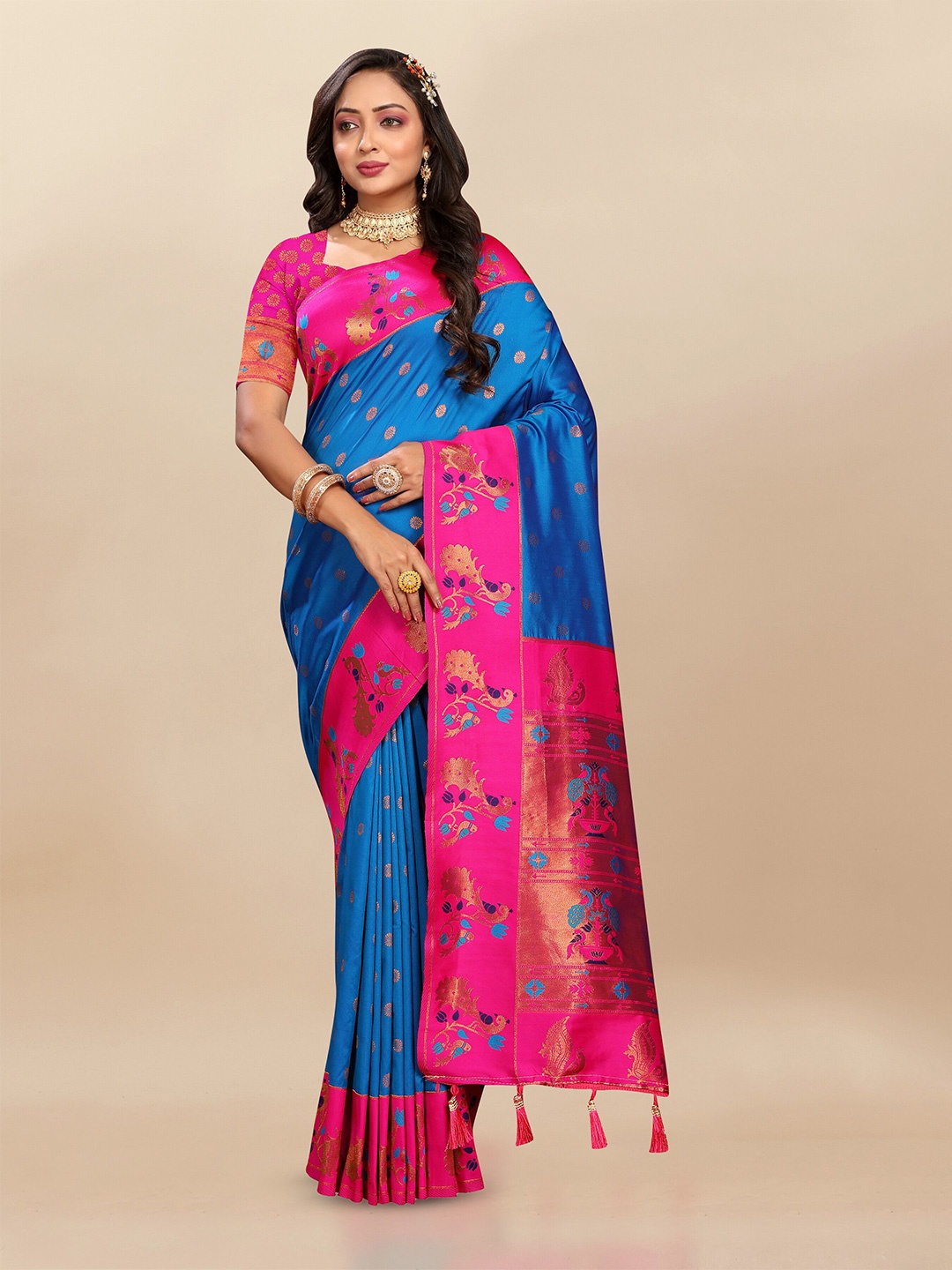 

VEECHIS Ethnic Motifs Woven Design Zari Pure Silk Paithani Saree, Blue